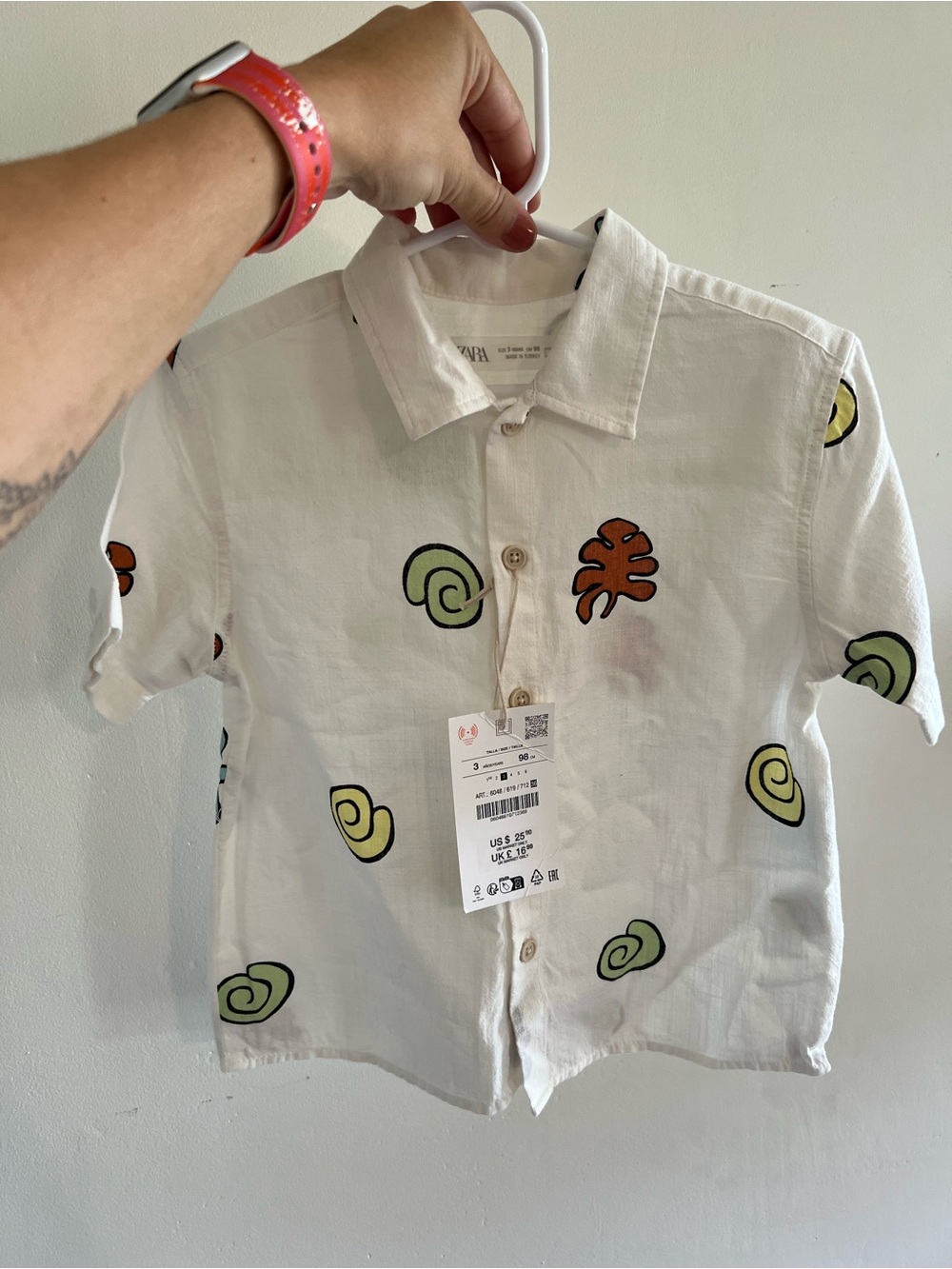 Zara White Short-Sleeve Button Shirt with Green, Yellow & Orange Prints